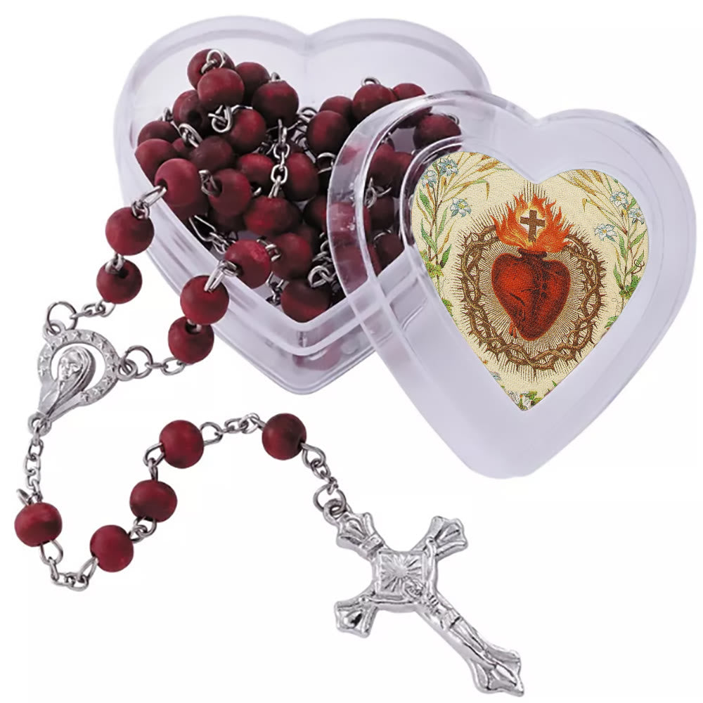 Christianartworkshop Burgundy Round Beads with Madonna with Star Crown Rosary in Sacred Heart Box - Sacred Heart & Crucifix - image 1