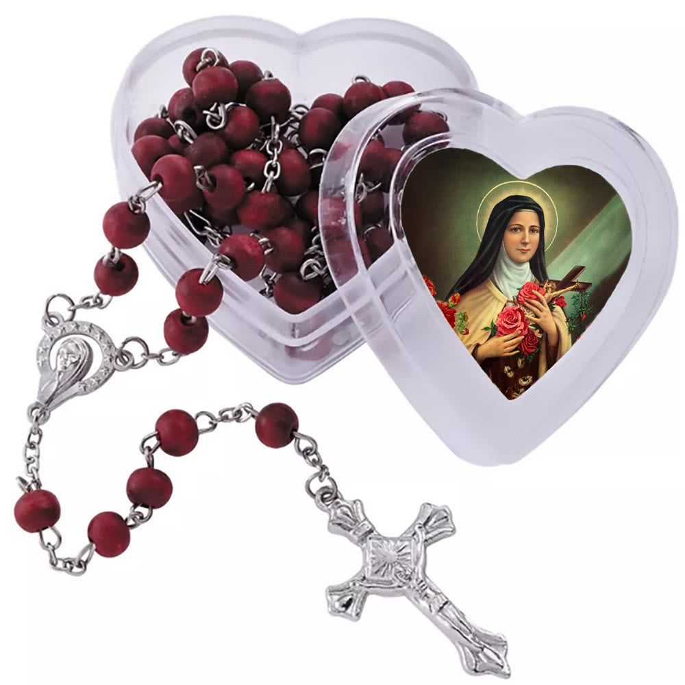 Christianartworkshop Wine Red Beads Rosary with Our Lady & Crucifix in St. Therese Heart-Shaped Box - St. Therese & Crucifix - image 1