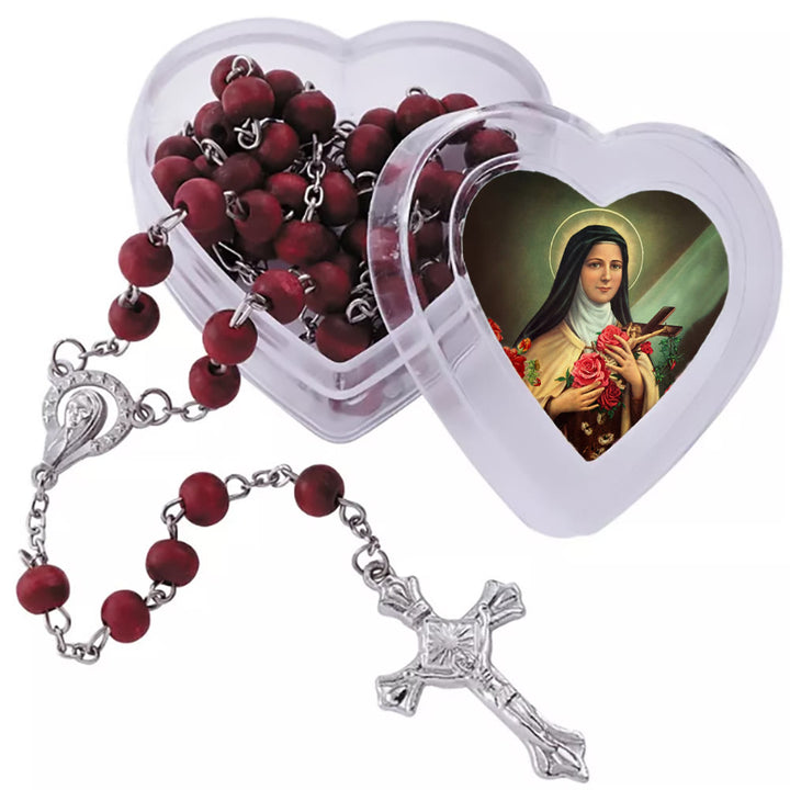 Christianartworkshop Wine Red Beads Rosary with Our Lady & Crucifix in St. Therese Heart-Shaped Box - image 5