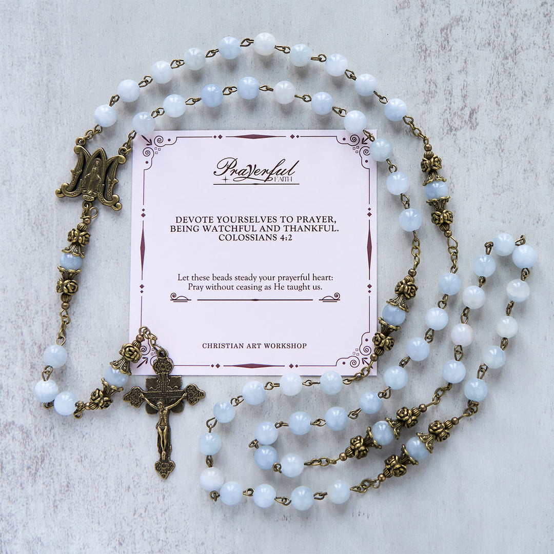 Christianartworkshop PRAYERFUL FAITH: Handmade Rosary with Light Blue Jade Beads and Brass with Gift Card - PRAYERFUL FAITH - image 1