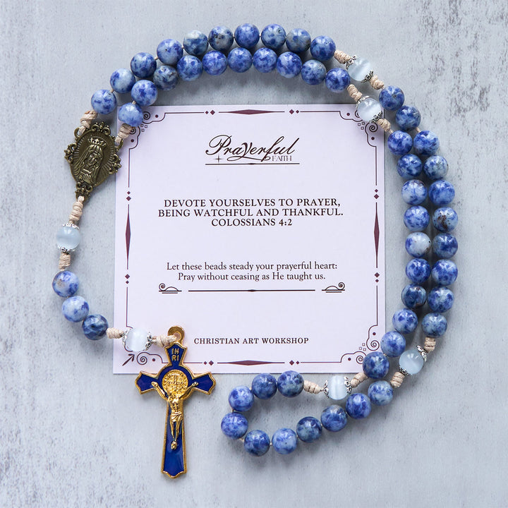 Christianartworkshop PRAYERFUL FAITH: Round Blue Stone Nylon Cord Rosary with Gift Card