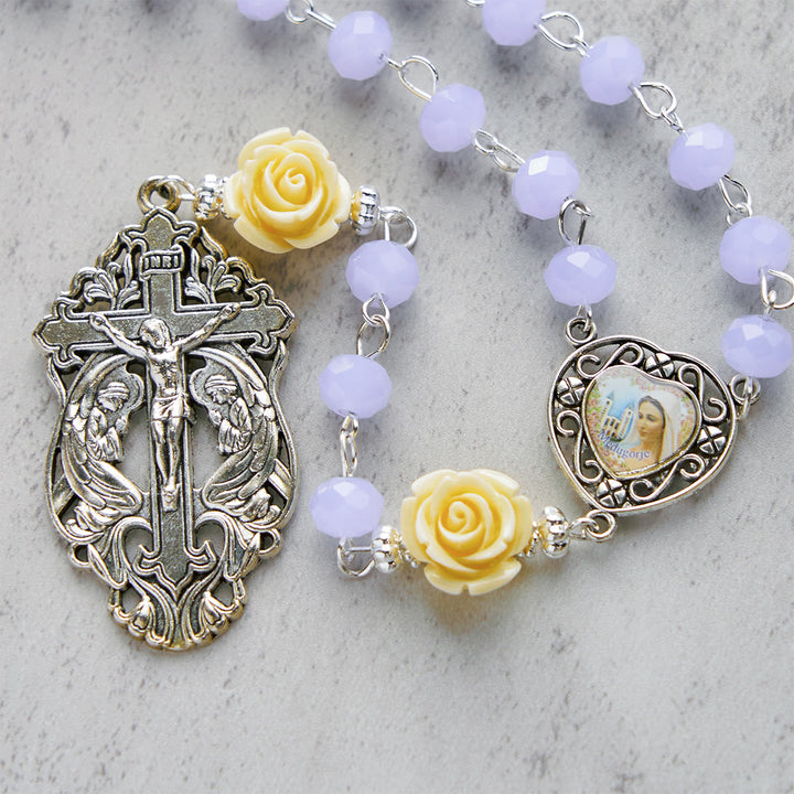 Christianartworkshop Elegant Rose Beads Rosary with Heart Shape Divine Mercy & Crucifix with Adoring Angels