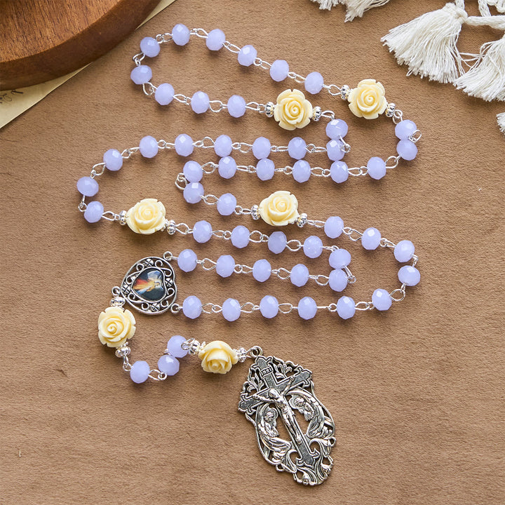 Christianartworkshop Elegant Rose Beads Rosary with Heart Shape Divine Mercy & Crucifix with Adoring Angels
