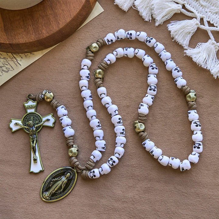 Christianartworkshop Rebel Style White Skull Beads with Miraculous Medal & INRI Crucifix Rosary