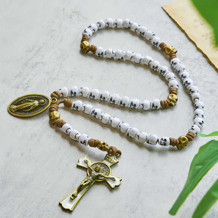 Christianartworkshop PRAYERFUL FAITH: Rebel Style White Skull Beads Rosary with Gift Card