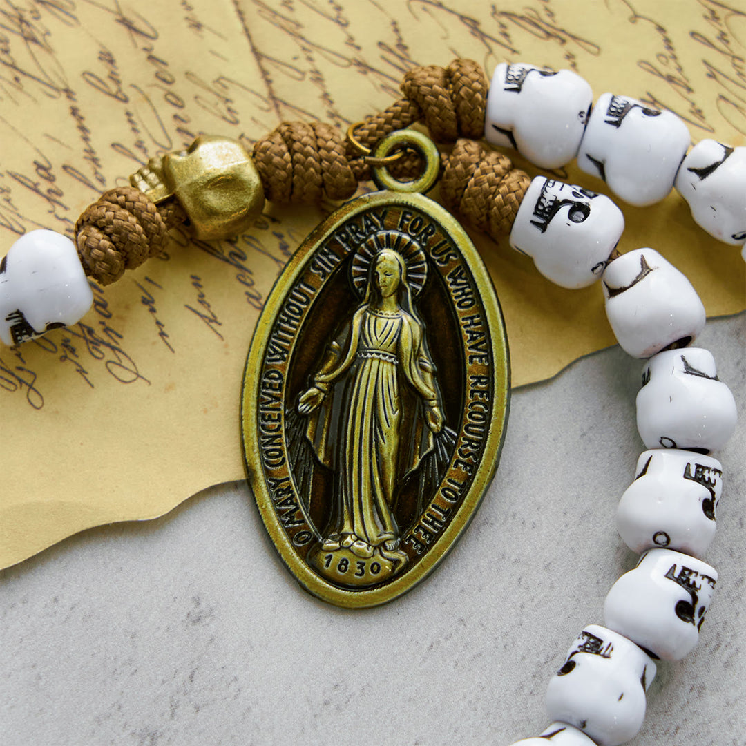 Christianartworkshop PRAYERFUL FAITH: Rebel Style White Skull Beads Rosary with Gift Card