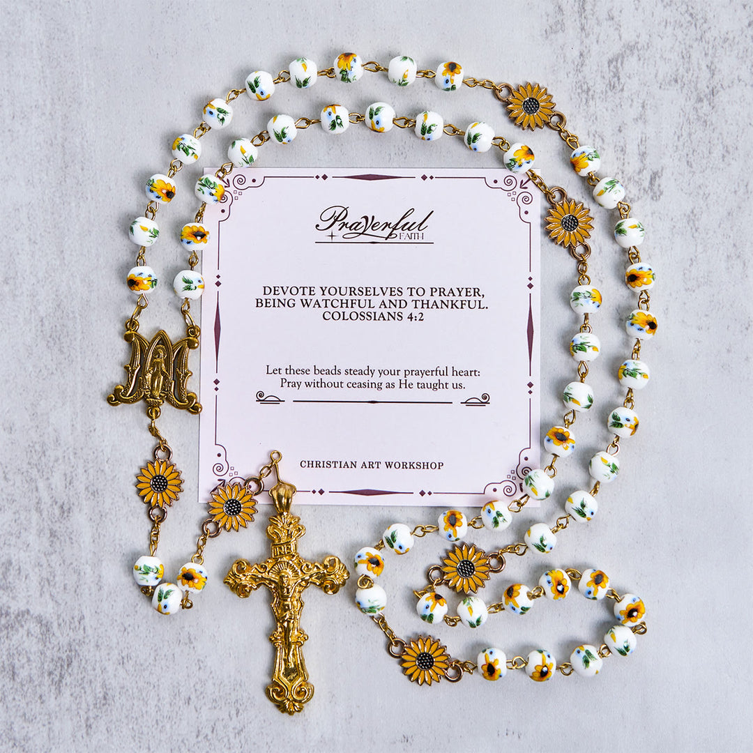 Christianartworkshop Jesus Is The Gift: Handmade Sunflower-Inspired Yellow Floral Rosary with Gift Card - PRAYERFUL FAITH - image 3