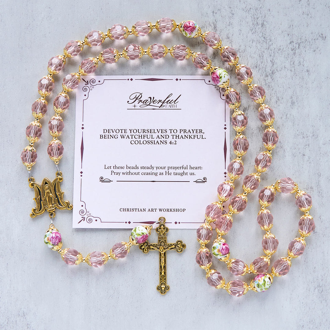 Christianartworkshop Jesus Is The Gift: Pink Crystal Beads Crucifix & Virgin Mary Rosary with Gift Card - PRAYERFUL FAITH - image 3