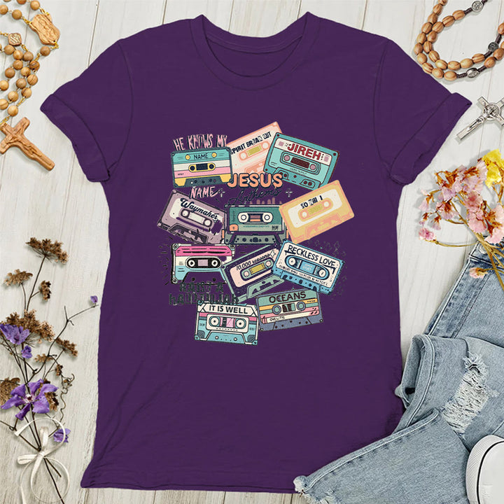 Christianartworkshop Jesus Anthems with Colorful Cassettes Soft Christian Women's T-shirt - Purple - 4XL - image 6