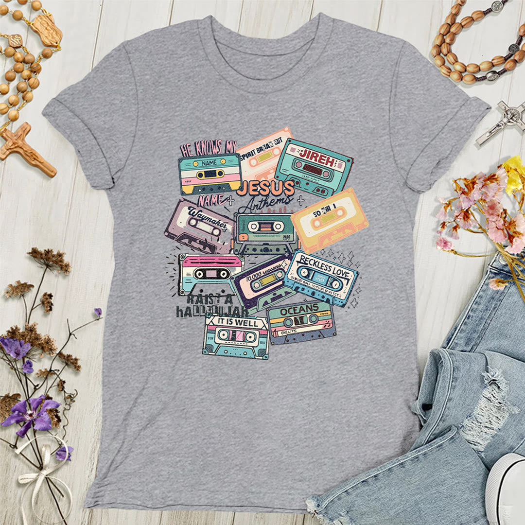 Christianartworkshop Jesus Anthems with Colorful Cassettes Soft Christian Women's T-shirt - Grey - 4XL - image 4