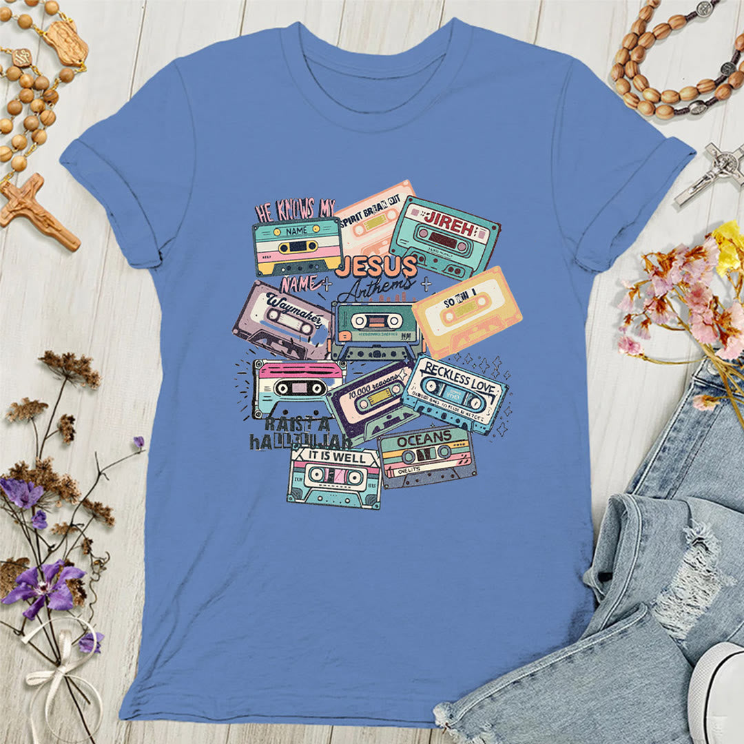 Christianartworkshop Jesus Anthems with Colorful Cassettes Soft Christian Women's T-shirt - Blue - 4XL - image 8