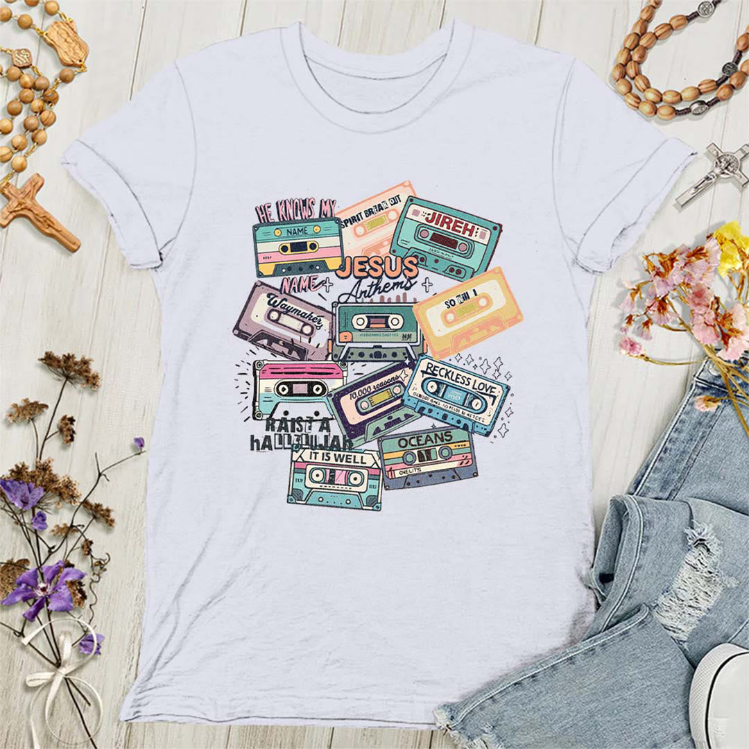 Christianartworkshop Jesus Anthems with Colorful Cassettes Soft Christian Women's T-shirt - White - 4XL - image 3