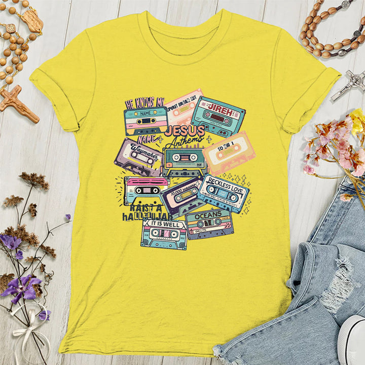 Christianartworkshop Jesus Anthems with Colorful Cassettes Soft Christian Women's T-shirt - Yellow - 4XL - image 10
