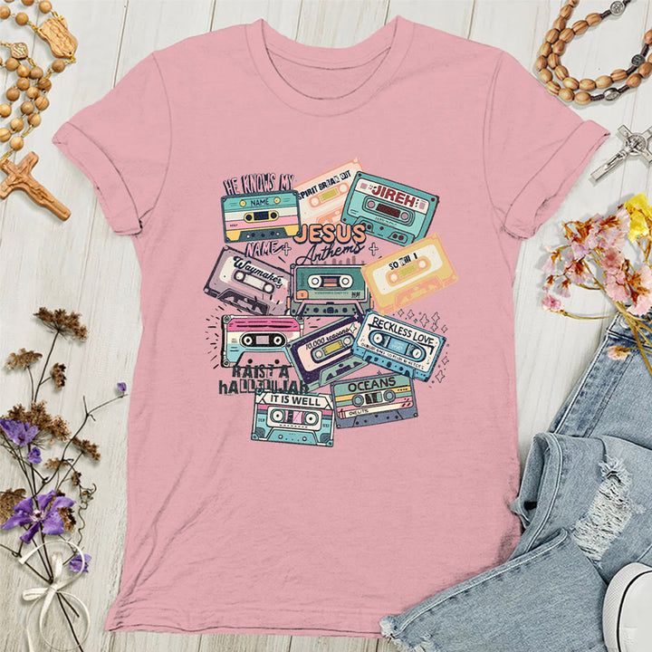 Christianartworkshop Jesus Anthems with Colorful Cassettes Soft Christian Women's T-shirt - Pink - 4XL - image 5