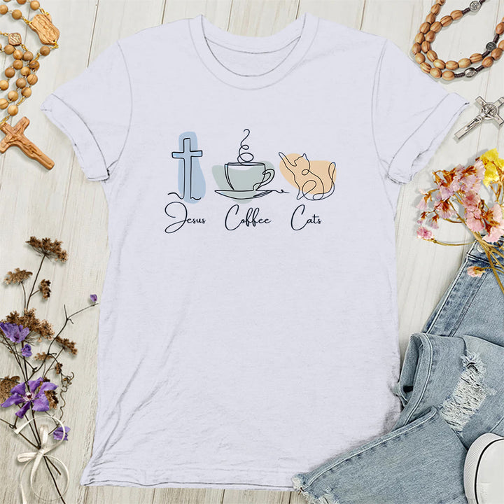 Christianartworkshop Jesus Coffee Cats Soft Christian Women's T-shirt - White - 4XL - image 1