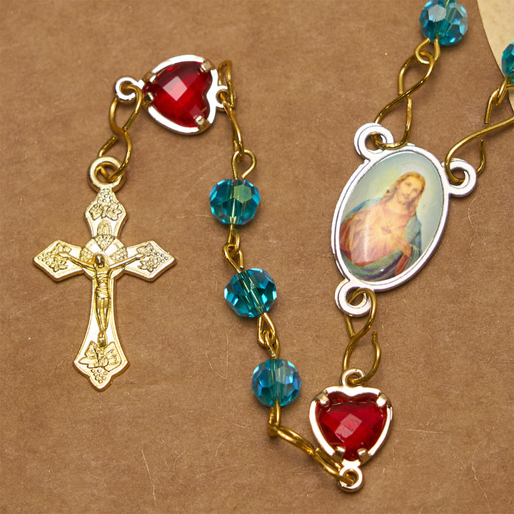 Christianartworkshop Sacred Heart of Jesus & Crucifix of 6 mm Polyhedron Blue Glass Alloy Chain Rosary