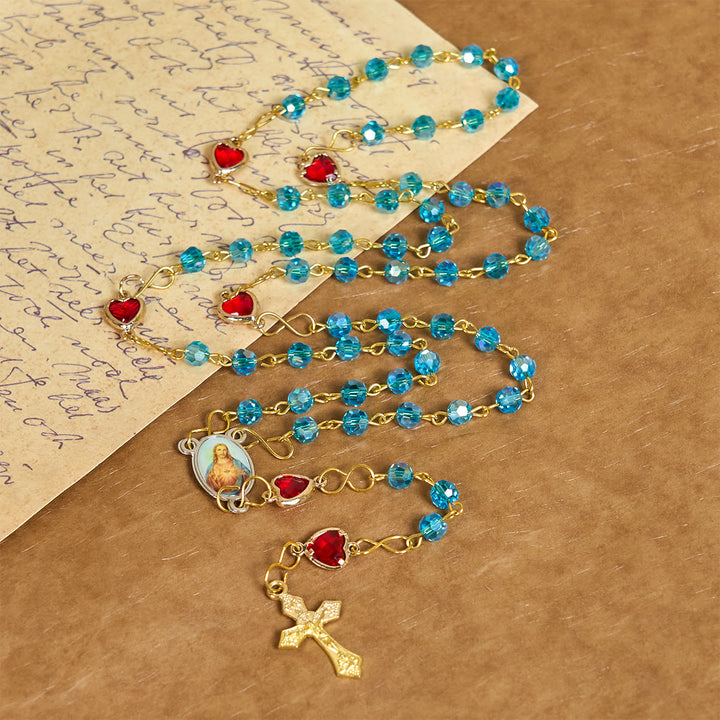 Christianartworkshop Sacred Heart of Jesus & Crucifix of 6 mm Polyhedron Blue Glass Alloy Chain Rosary