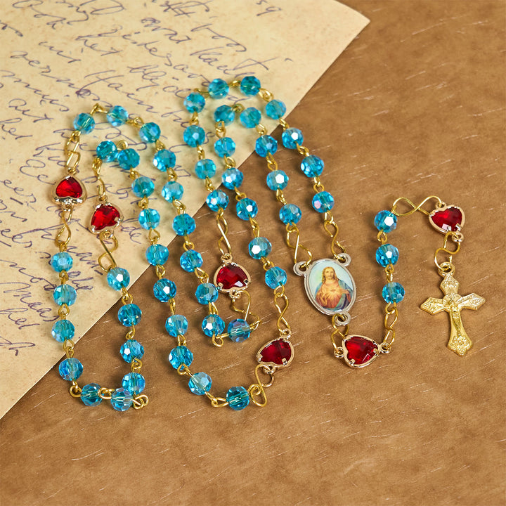 Christianartworkshop Sacred Heart of Jesus & Crucifix of 6 mm Polyhedron Blue Glass Alloy Chain Rosary