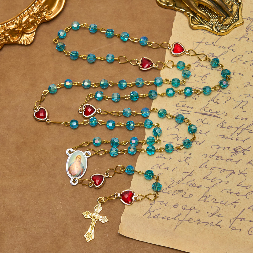 Christianartworkshop Sacred Heart of Jesus & Crucifix of 6 mm Polyhedron Blue Glass Alloy Chain Rosary
