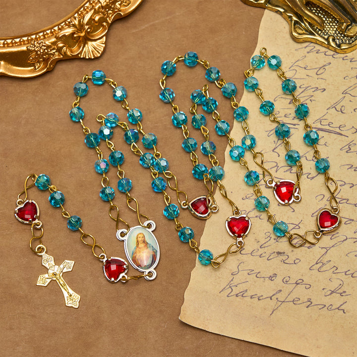 Christianartworkshop Sacred Heart of Jesus & Crucifix of 6 mm Polyhedron Blue Glass Alloy Chain Rosary