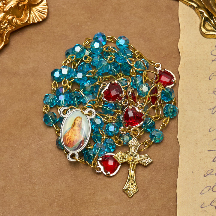 Christianartworkshop Sacred Heart of Jesus & Crucifix of 6 mm Polyhedron Blue Glass Alloy Chain Rosary