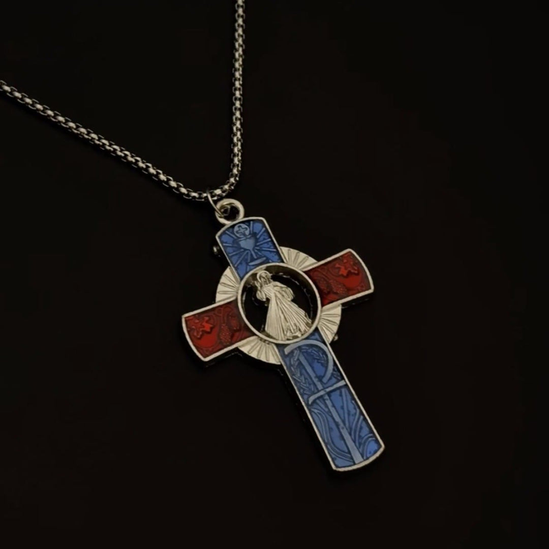 Christianartworkshop Classic Divine Mercy Portrait in Vivid Red and Blue Cross Necklace - Divine Mercy - image 1