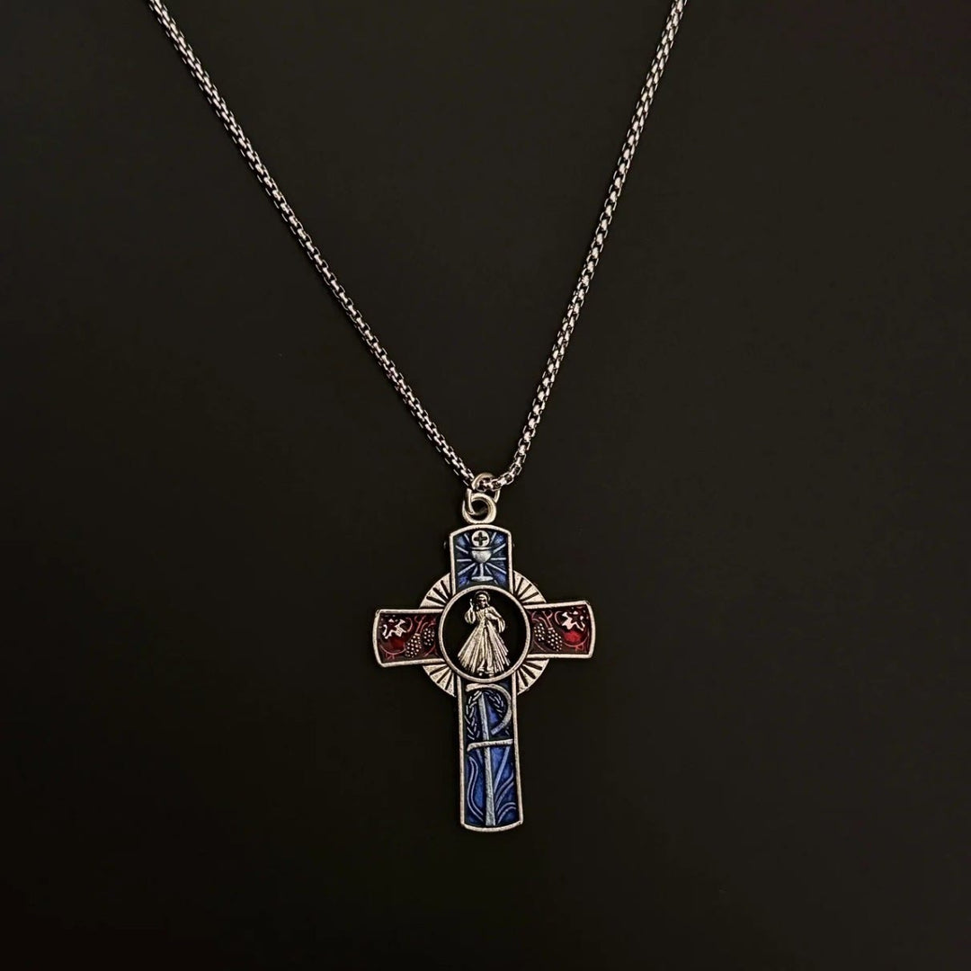 Christianartworkshop Classic Divine Mercy Portrait in Vivid Red and Blue Cross Necklace - image 3
