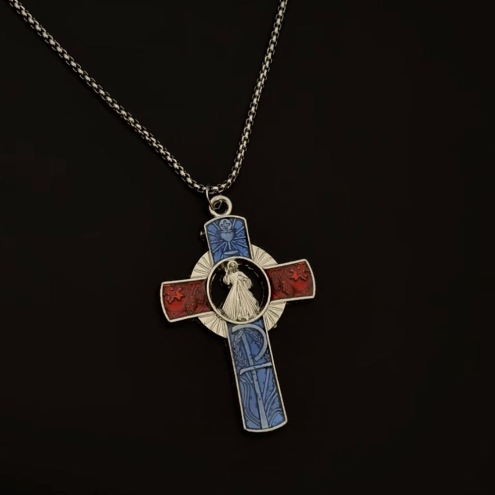 Christianartworkshop Classic Divine Mercy Portrait in Vivid Red and Blue Cross Necklace - image 2