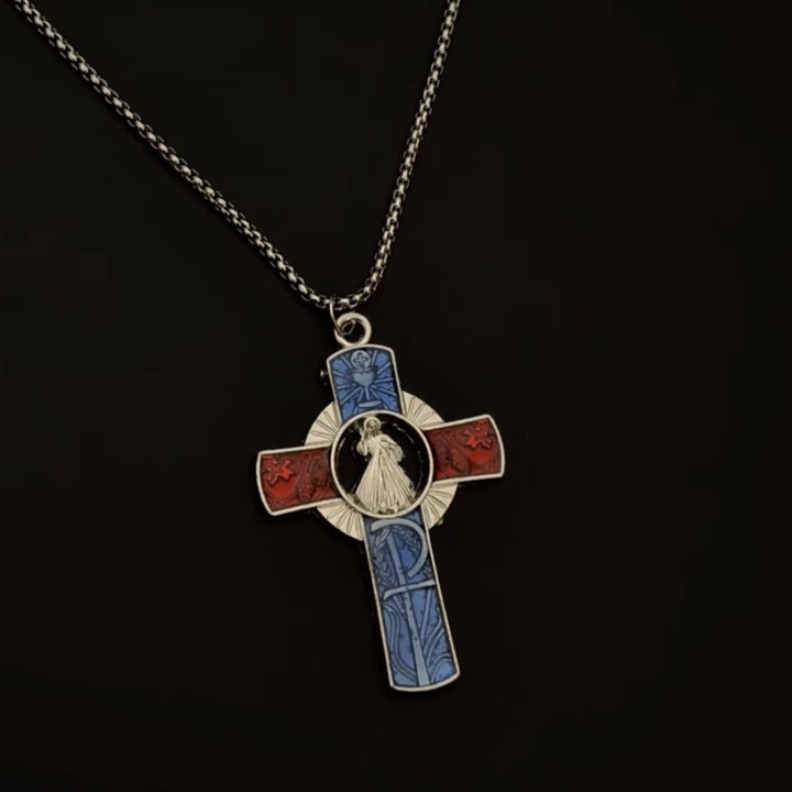Christianartworkshop Classic Divine Mercy Portrait in Vivid Red and Blue Cross Necklace - image 2