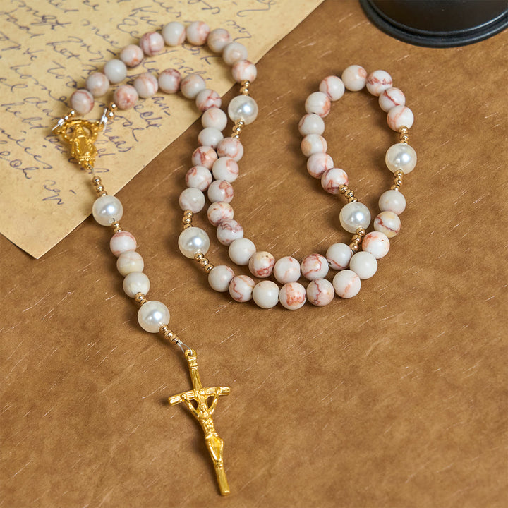 Christianartworkshop Matte Pink Zebra Jasper and Pearl Rosary with Miraculous Medal and Crucifix - image 3