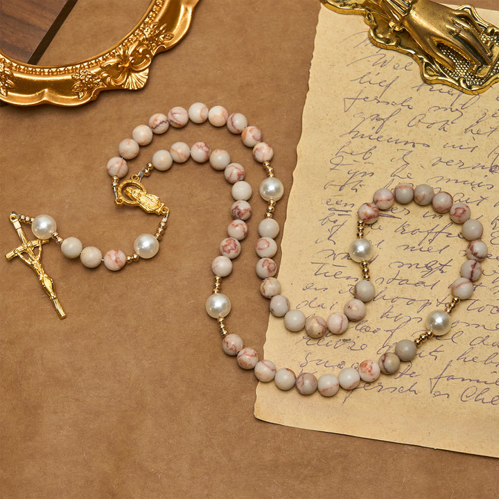 Christianartworkshop Matte Pink Zebra Jasper and Pearl Rosary with Miraculous Medal and Crucifix - image 4