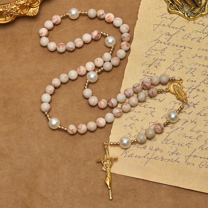 Christianartworkshop Matte Pink Zebra Jasper and Pearl Rosary with Miraculous Medal and Crucifix - Pink - image 0