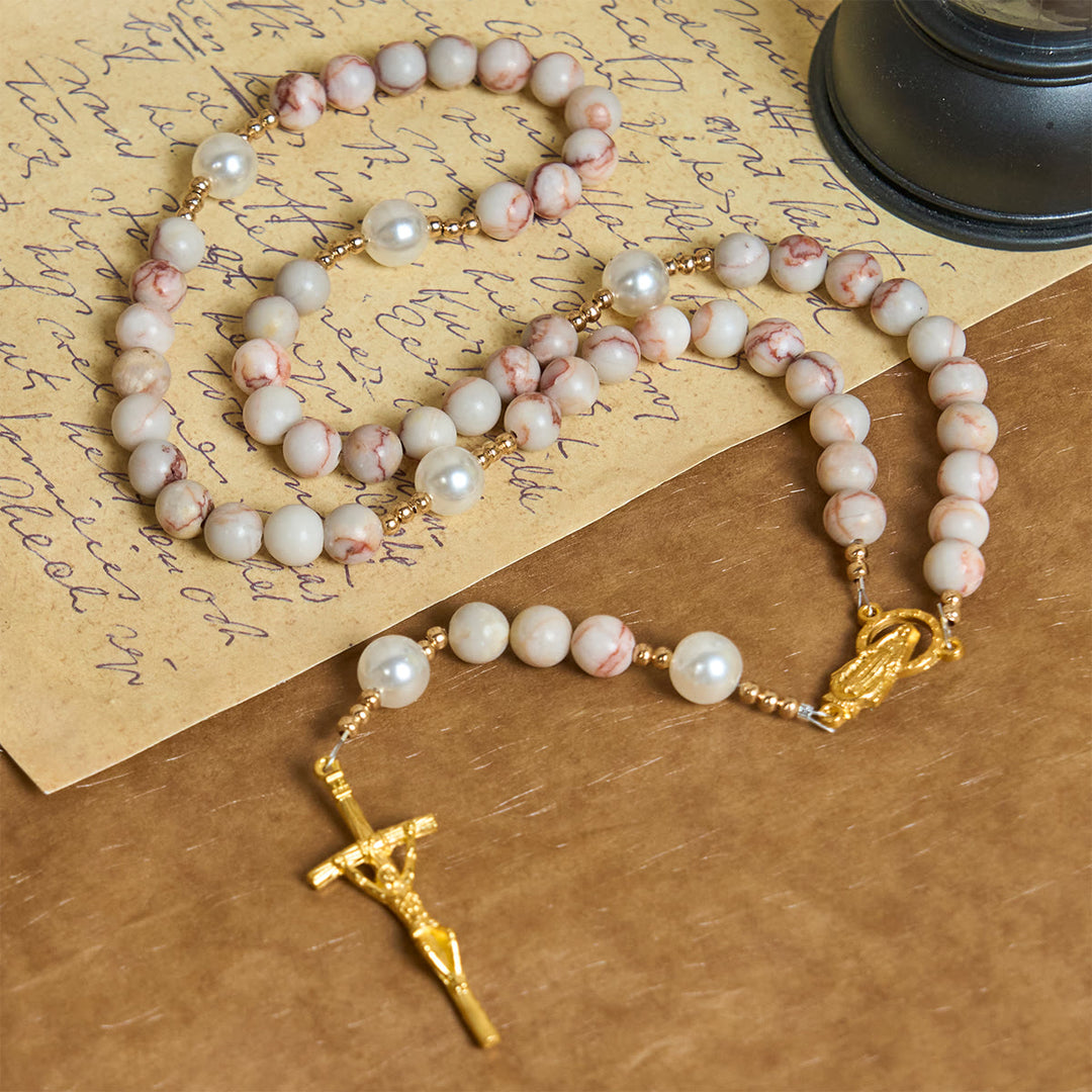 Christianartworkshop Matte Pink Zebra Jasper and Pearl Rosary with Miraculous Medal and Crucifix - image 2