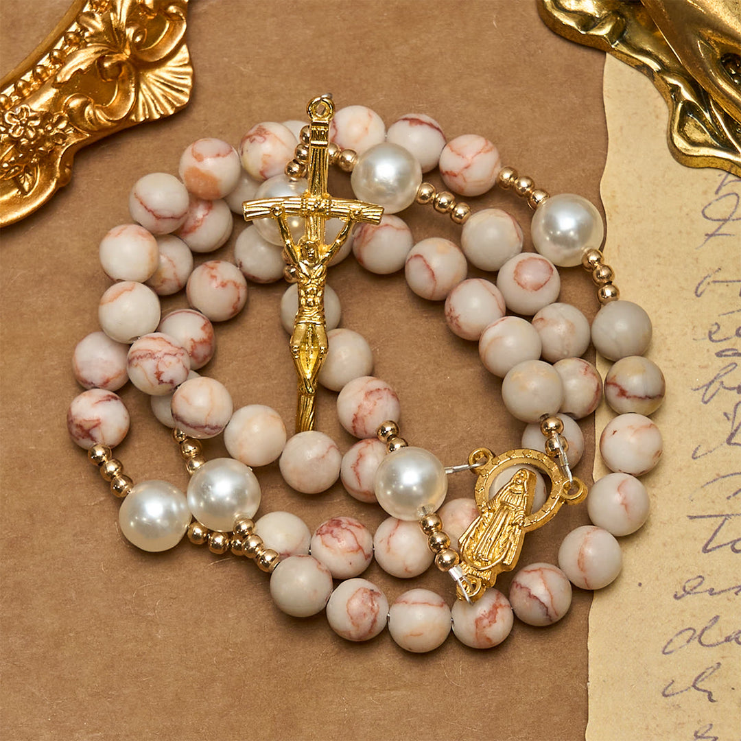 Christianartworkshop Matte Pink Zebra Jasper and Pearl Rosary with Miraculous Medal and Crucifix - image 5