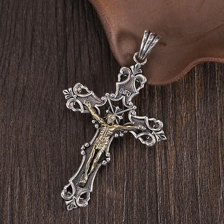 Christianartworkshop Rustic Bronze and Silver Crucifix Necklace in S925: A Testament of Faith - Bronze - image 1