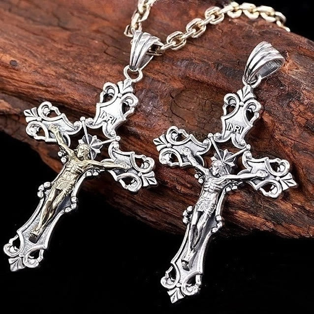 Christianartworkshop Rustic Bronze and Silver Crucifix Necklace in S925: A Testament of Faith - Silver - image 1