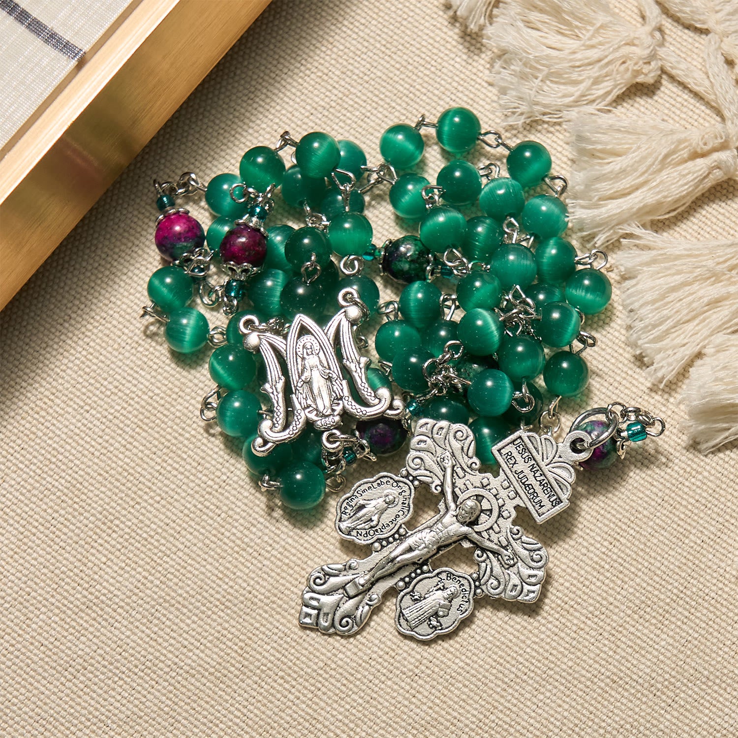 Natural Peacock Green Cat Eye 8mm Rosary with Miraculous Medal