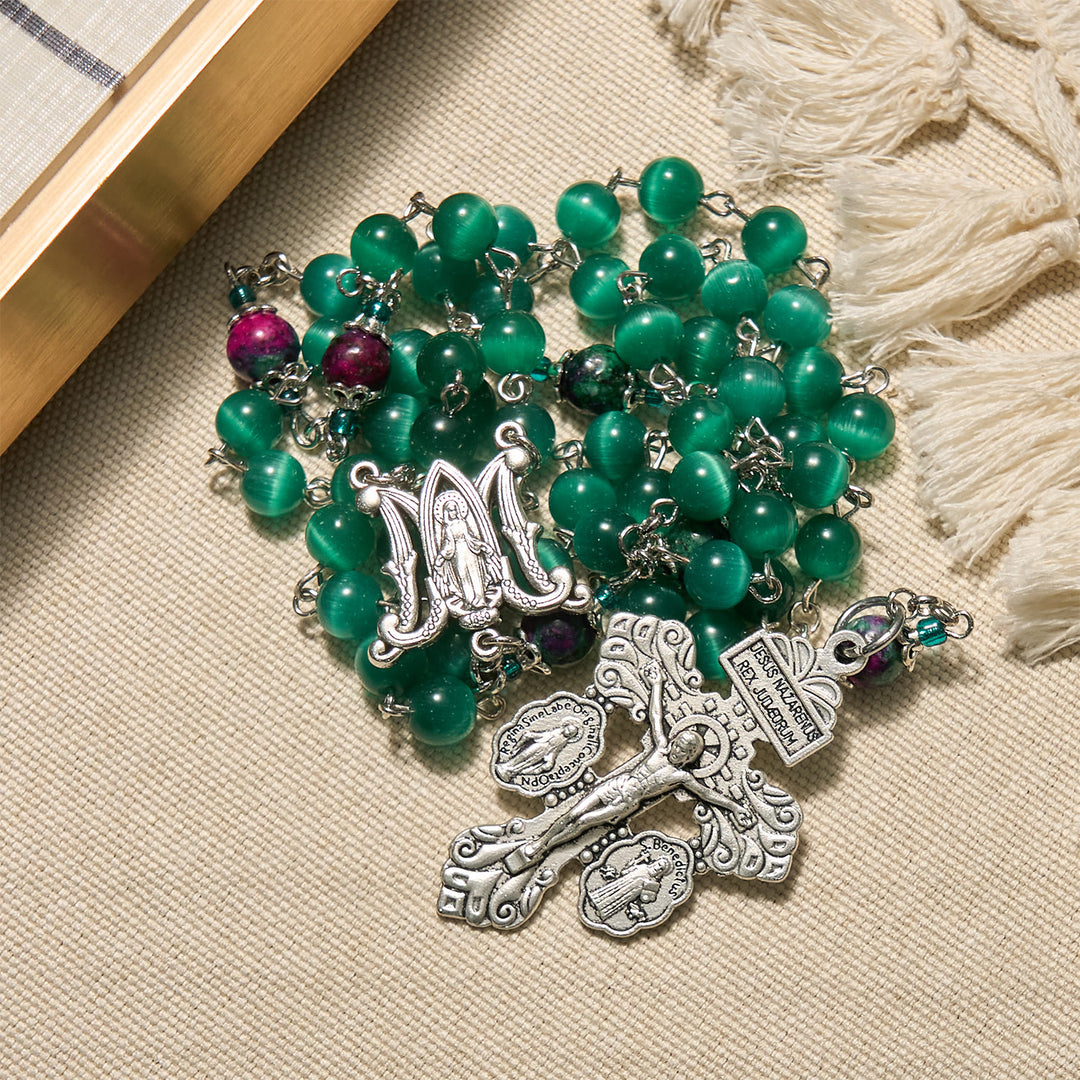 Christianartworkshop Natural Peacock Green Cat Eye Bead with Miraculous Medal & Crucifix Rosary - image 7