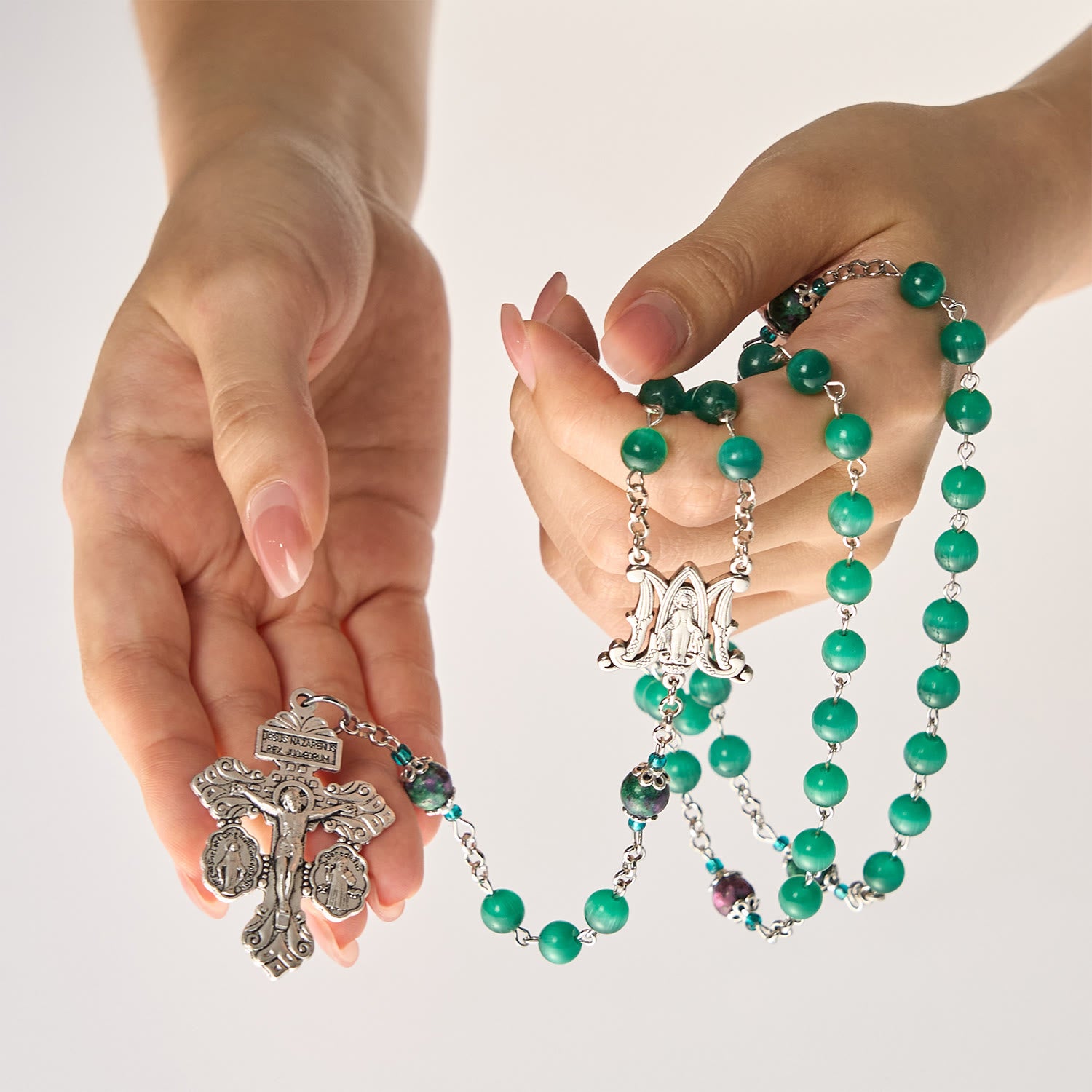 Natural Peacock Green Cat Eye 8mm Rosary with Miraculous Medal