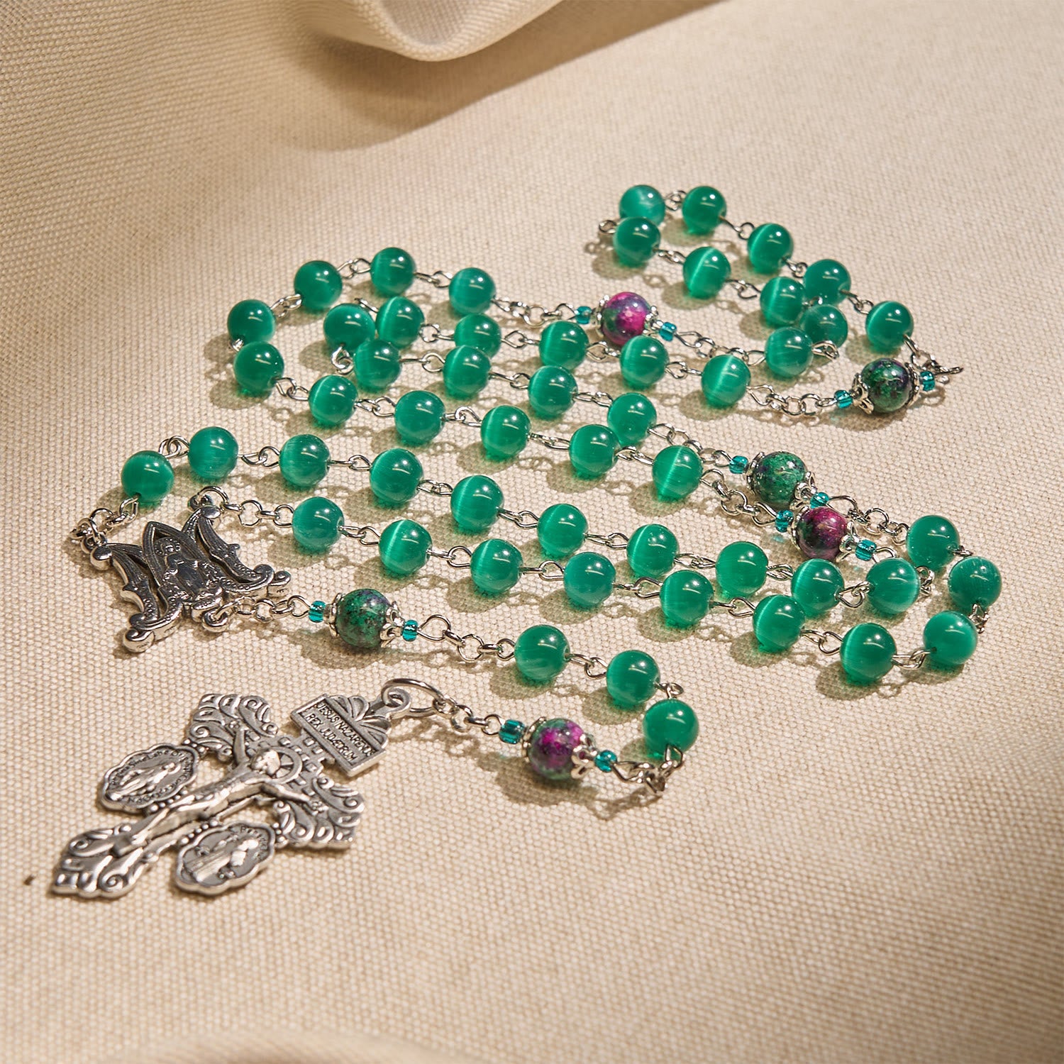 Natural Peacock Green Cat Eye 8mm Rosary with Miraculous Medal