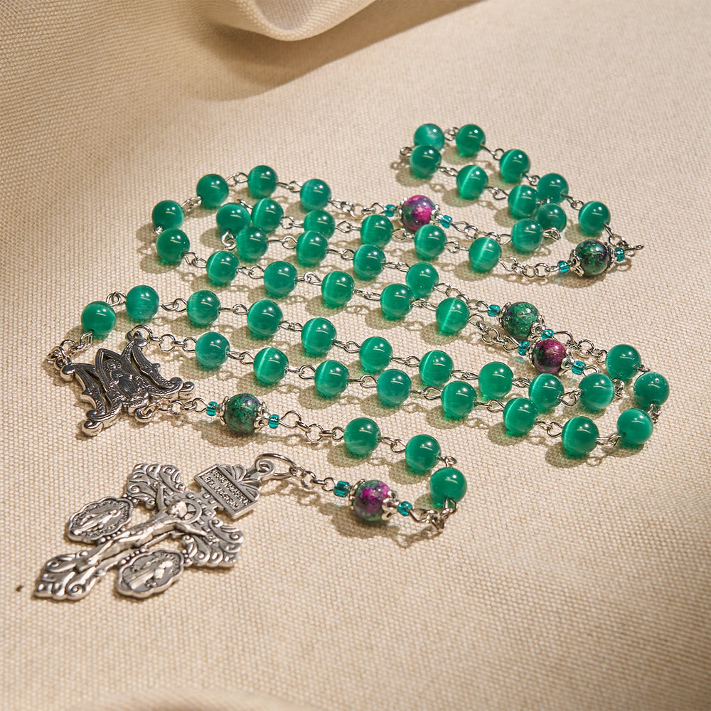 Christianartworkshop Natural Peacock Green Cat Eye Bead with Miraculous Medal & Crucifix Rosary - Miraculous Medal & Pardon Crucifix - image 2