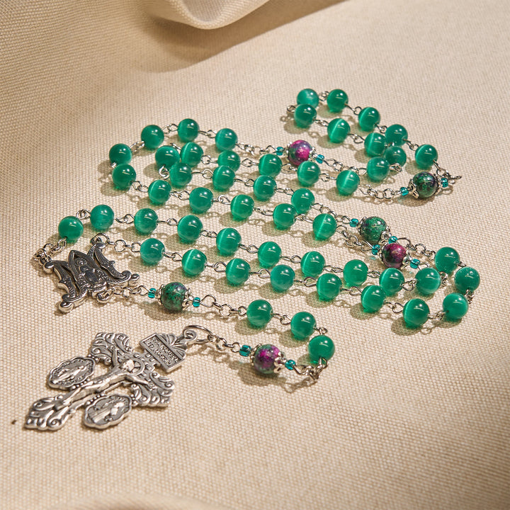 Christianartworkshop Natural Peacock Green Cat Eye Bead with Miraculous Medal & Crucifix Rosary - Miraculous Medal & Pardon Crucifix - image 2