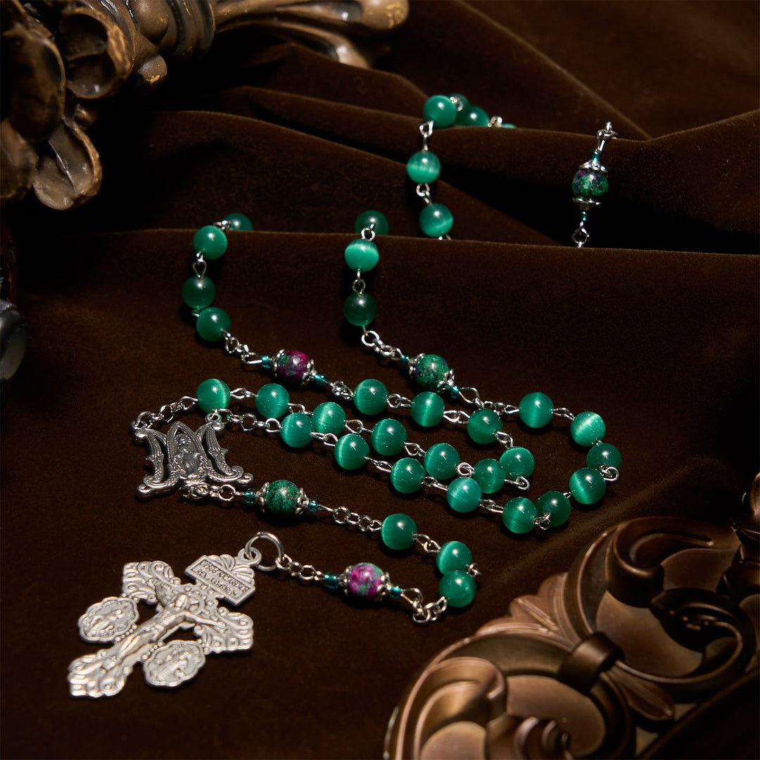 Christianartworkshop Natural Peacock Green Cat Eye Bead with Miraculous Medal & Crucifix Rosary - image 1