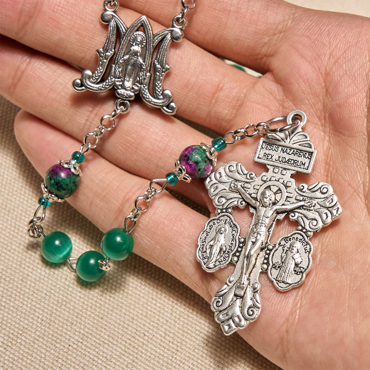 Christianartworkshop Natural Peacock Green Cat Eye Bead with Miraculous Medal & Crucifix Rosary - image 5