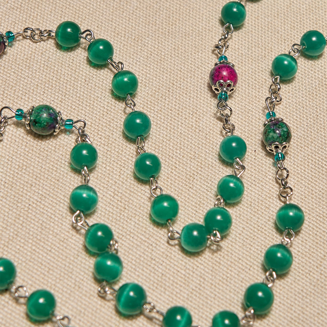 Christianartworkshop Natural Peacock Green Cat Eye Bead with Miraculous Medal & Crucifix Rosary - image 6