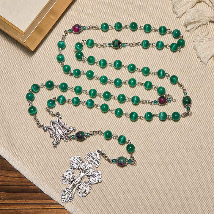 Christianartworkshop Natural Peacock Green Cat Eye Bead with Miraculous Medal & Crucifix Rosary - image 4