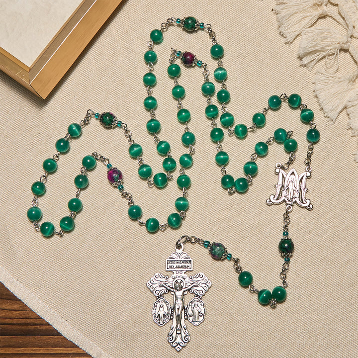 Christianartworkshop Natural Peacock Green Cat Eye Bead with Miraculous Medal & Crucifix Rosary - image 3