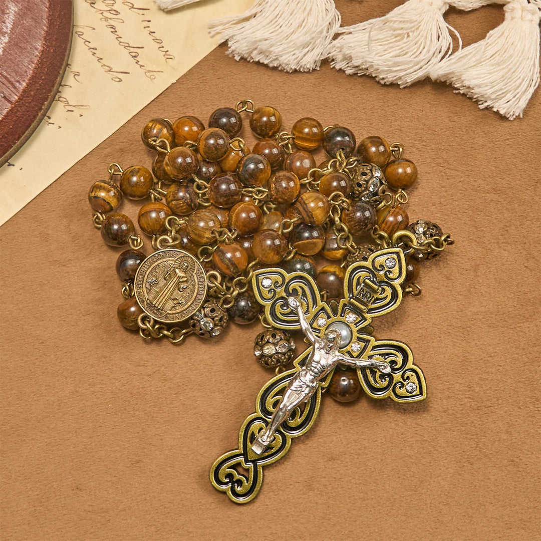 Christianartworkshop Natural Tiger Eye Beads and Bronze St. Benedict Medal & Crucifix Rosary - image 7