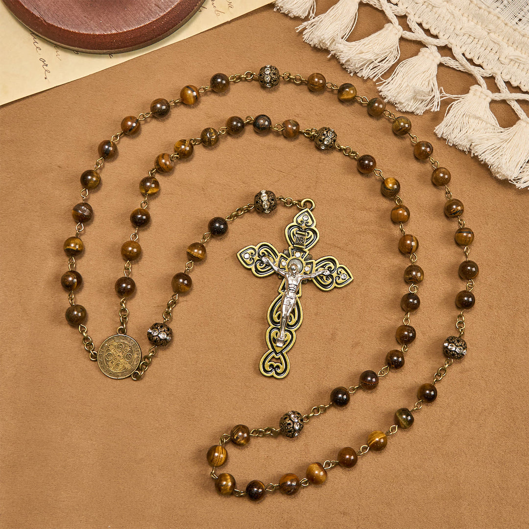 Christianartworkshop Natural Tiger Eye Beads and Bronze St. Benedict Medal & Crucifix Rosary - St. Benedict & Crucifix - image 1