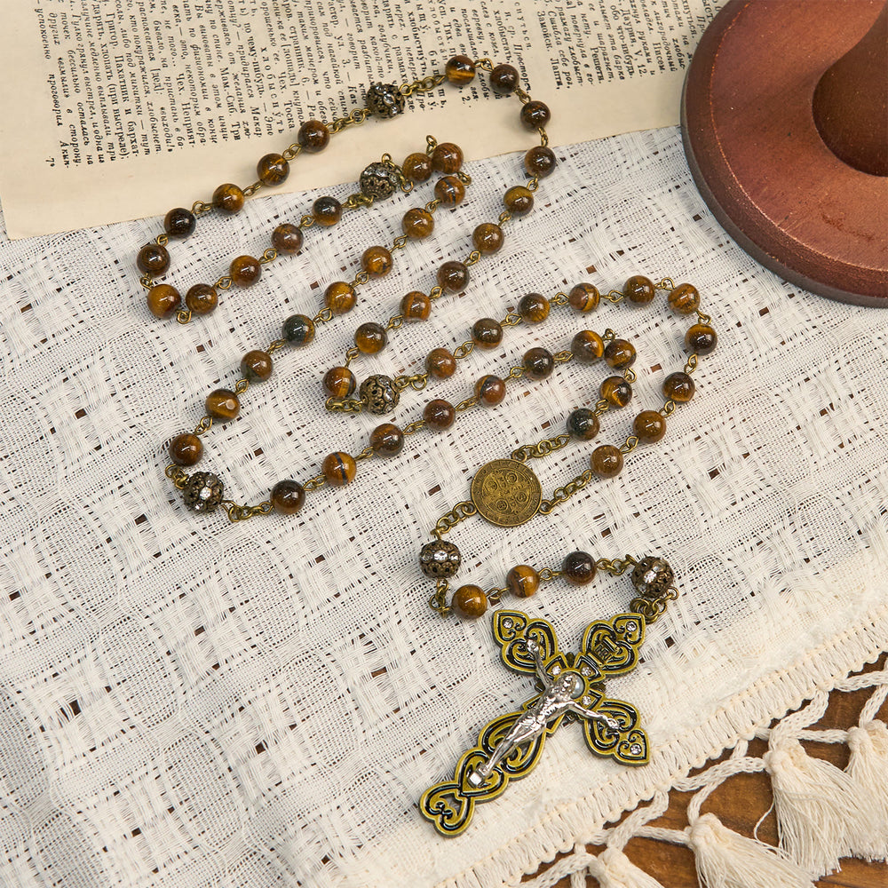 Christianartworkshop Natural Tiger Eye Beads and Bronze St. Benedict Medal & Crucifix Rosary - image 2